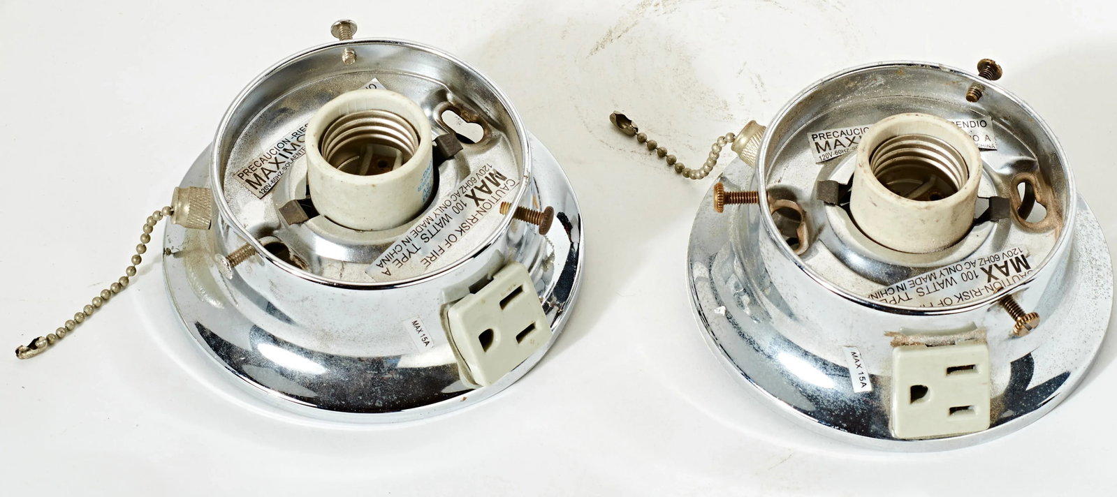 Pair of Mid 20th Century Chrome Ceiling or Wall Mount Industrial Lights With Cut Glass Hollophane Sh - 5