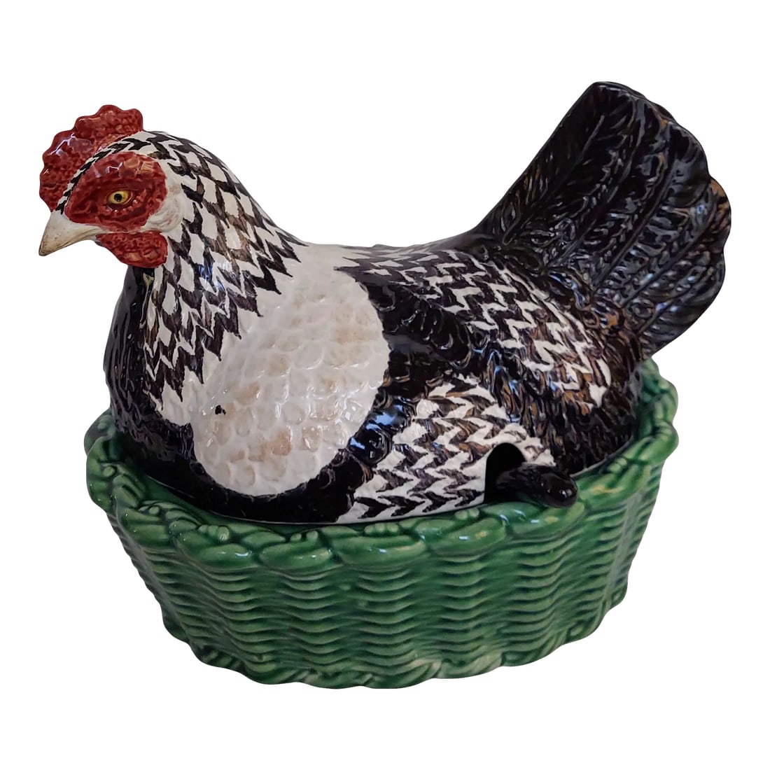 Late 20th Century French Hen Tureen With Ladle Made by Bordallo Pinhiero in Portugal: A piece of ceramic art for your country kitchen! So lifelike and absolutely charming. This Portugese ceramic tureen will bring both elegance and whimsy to your farmhouse decor. Condition: Alterations: