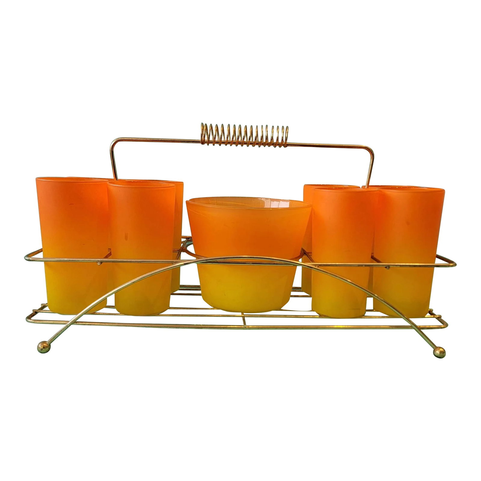 1950s Mid Century Blendo Ombre Glass Set and Ice Bucket Set- 10 Pieces: Rare find! Incredible Orange Yellow Ombre Mid Century Blendo 8 glass set in gold tote and matching ice bucket. Condition: Alterations: Original Condition Unaltered Imperfections: Some Imperfections Co