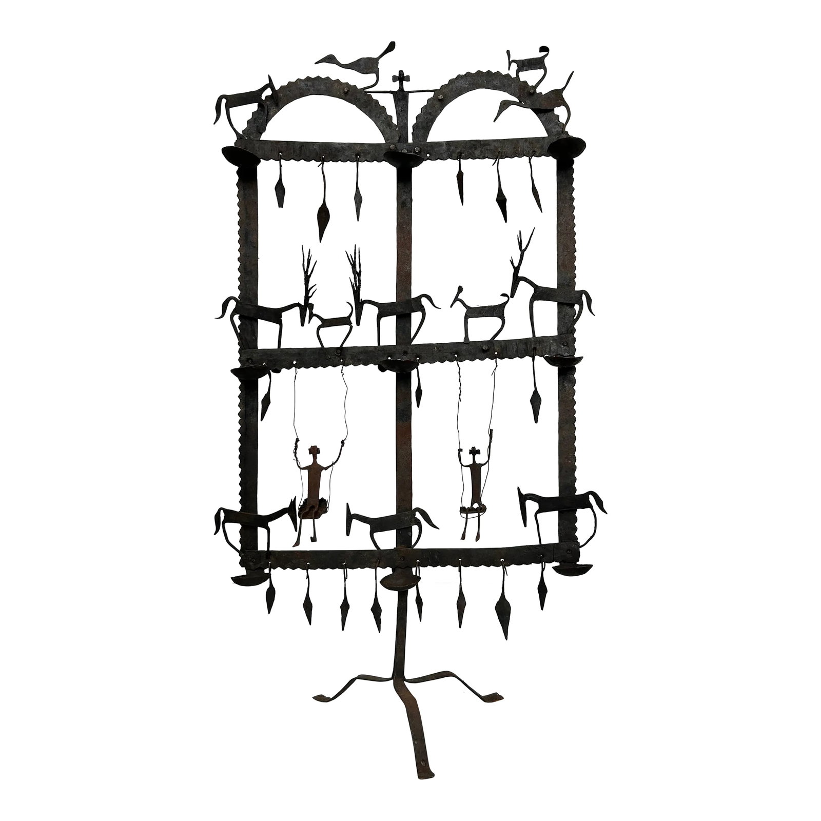 Mid 20th Century Moroccan Iron Candle Screen: Handcrafted metal candle stand screen This is an incredible one-of-a-kind, modernist hand-forged iron screen in the manner of Frederick Weinberg. The crude, primitive-style human and animal figures