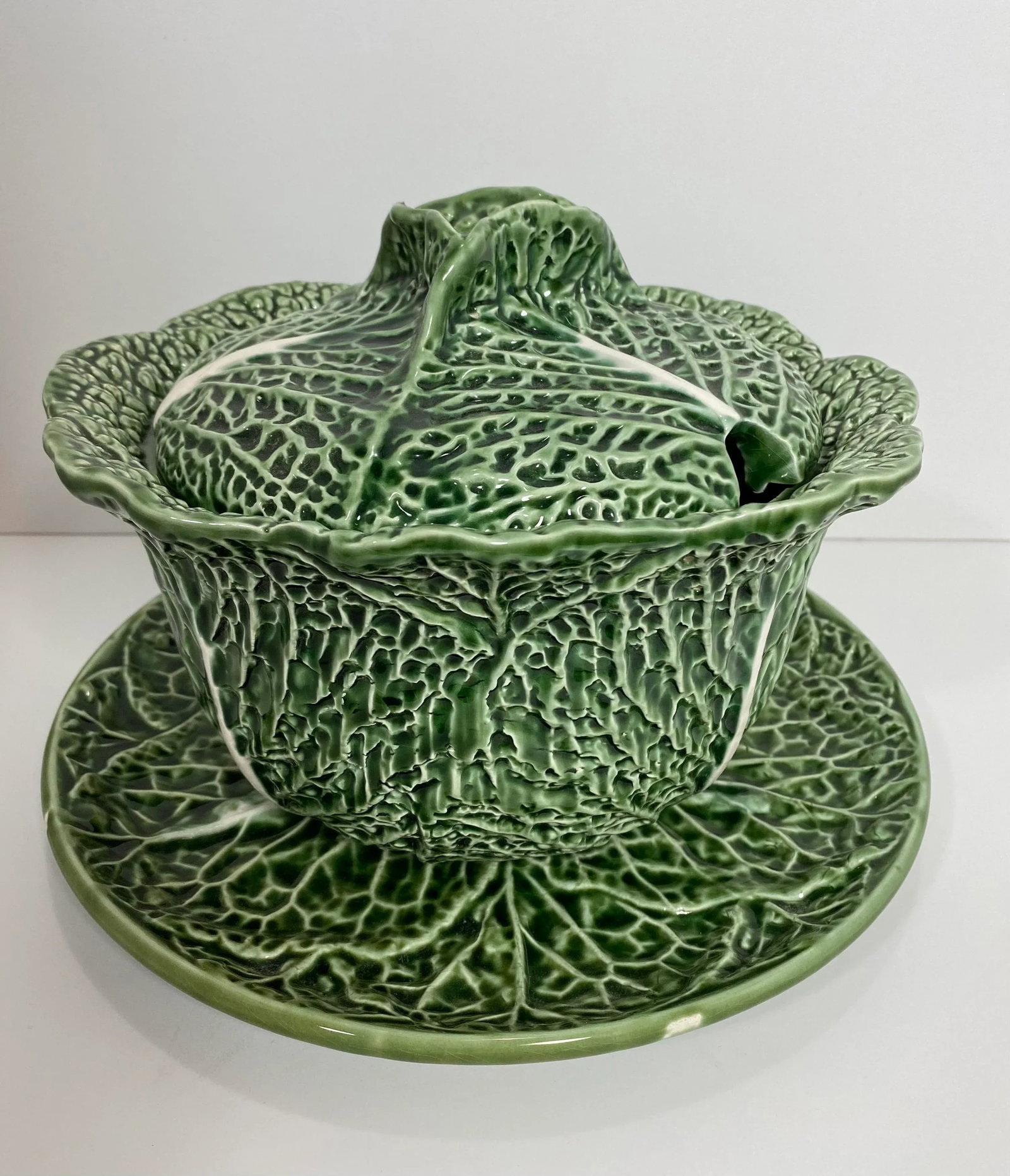 1970s Vintage Majolica Cabbage Lidded Soup Tureen With Under Plate - 11