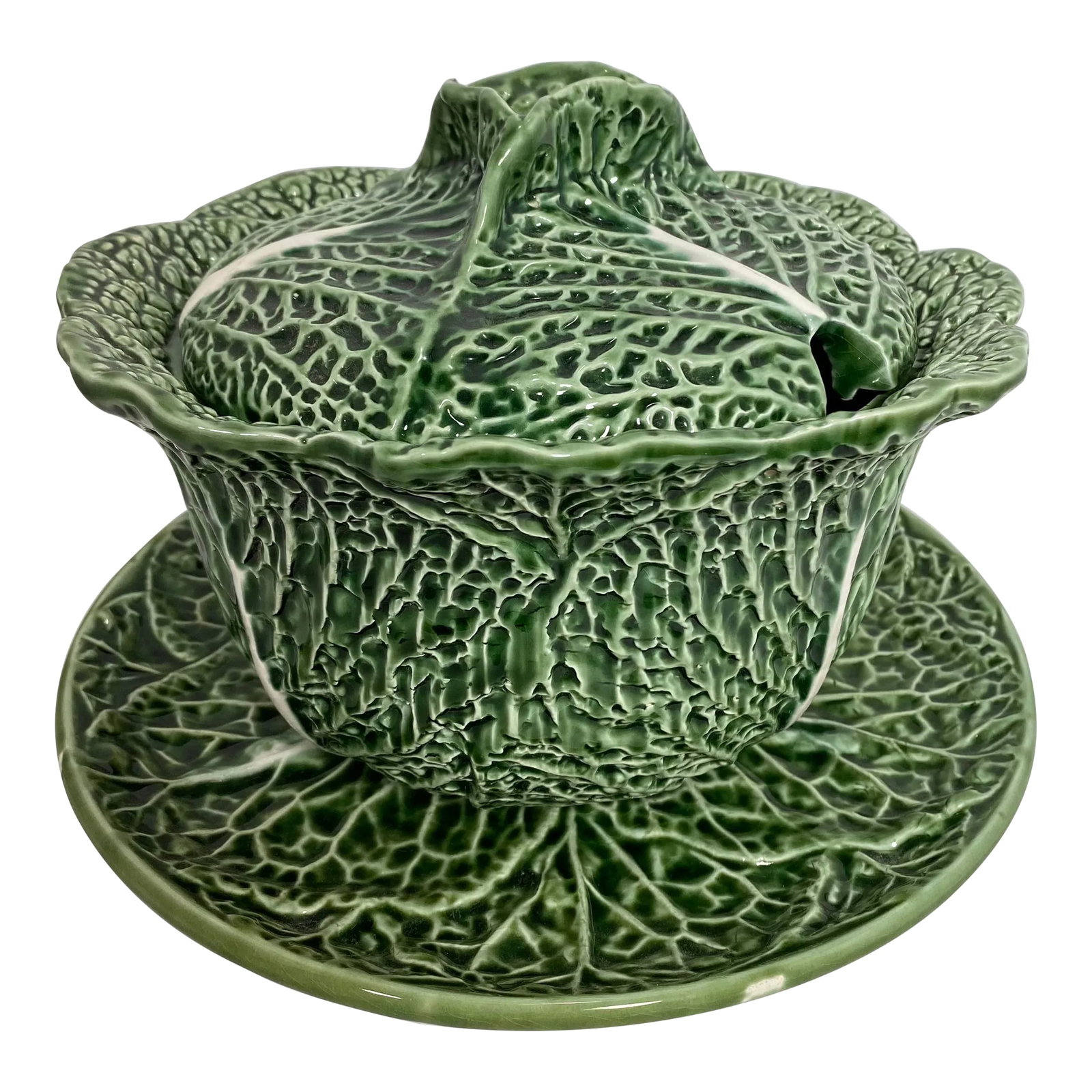 1970s Vintage Majolica Cabbage Lidded Soup Tureen With Under Plate: Vintage Majolica Cabbage Leaf Soup Tureen with Lid & Under Plate Made in Portugal Sculptural, High Relief, Impactful Handle on Lid Organic Triangular Shape Edges of Bowl Delicately Frilled & Lovely
