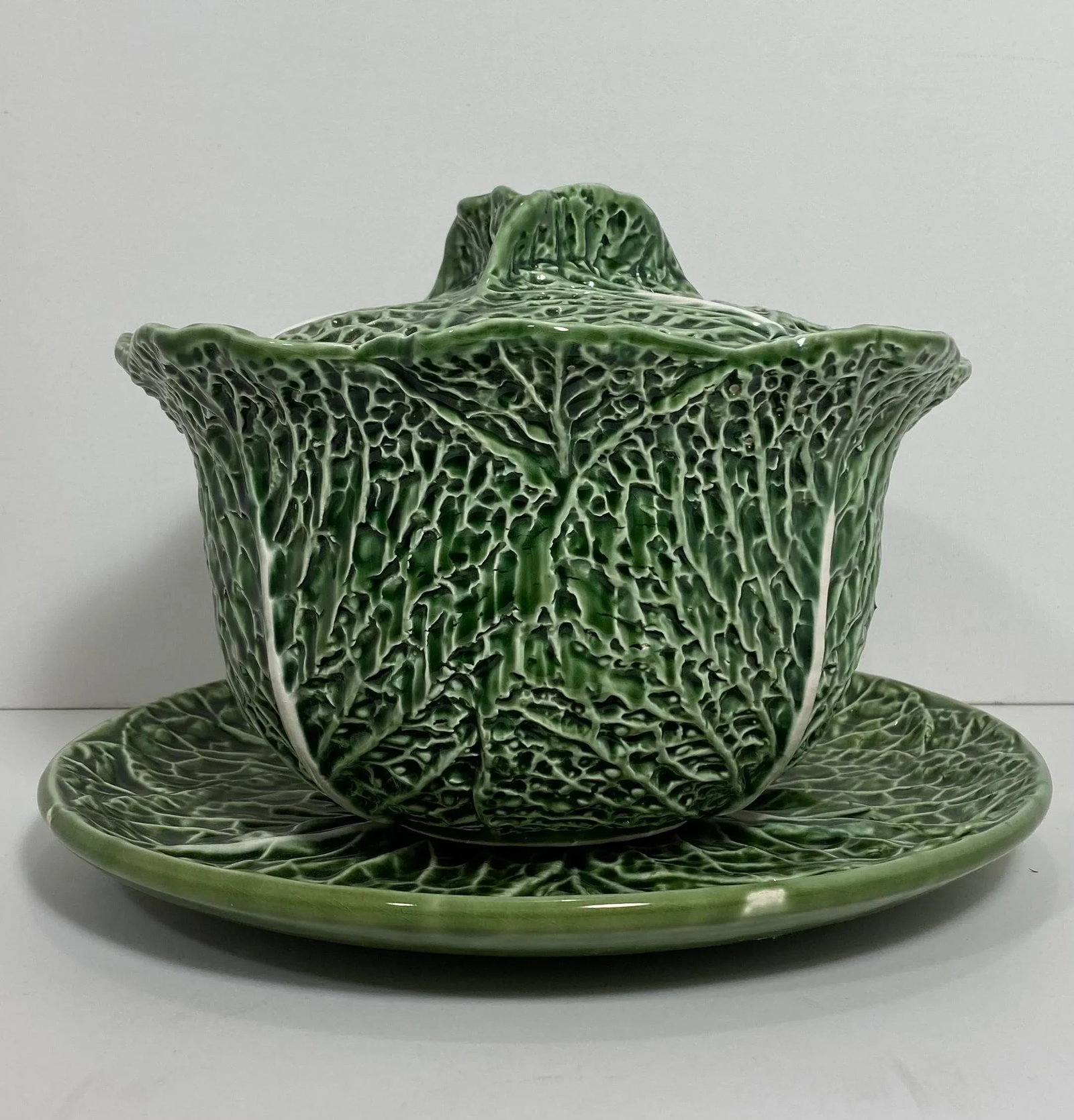 1970s Vintage Majolica Cabbage Lidded Soup Tureen With Under Plate - 2