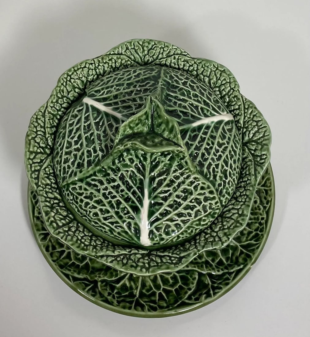 1970s Vintage Majolica Cabbage Lidded Soup Tureen With Under Plate - 3