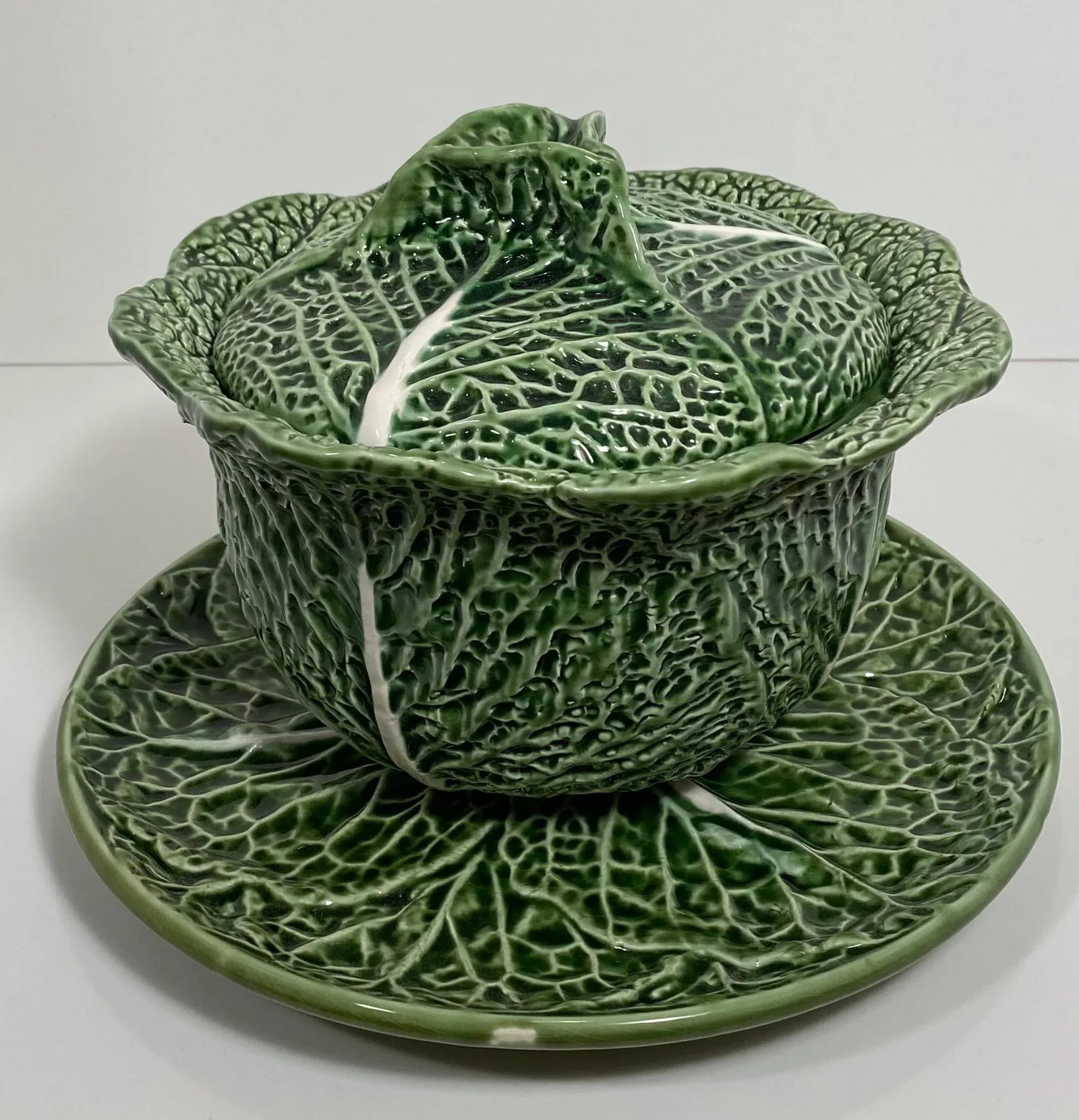 1970s Vintage Majolica Cabbage Lidded Soup Tureen With Under Plate - 5