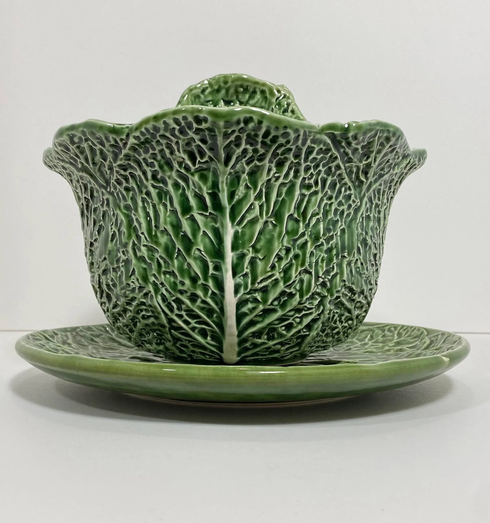 1970s Vintage Majolica Cabbage Lidded Soup Tureen With Under Plate - 7