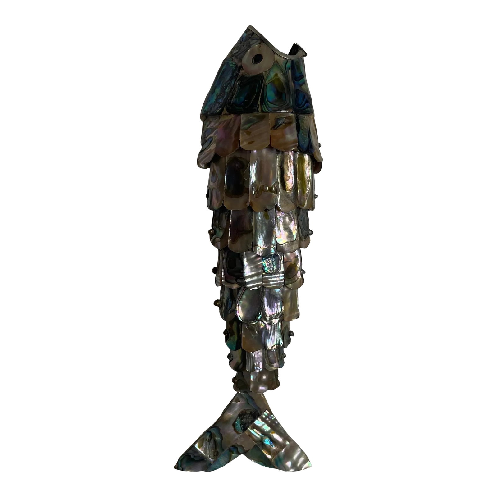 1960s Mid-Century Modern Abalone Fish Bottle Opener: A large articulated abalone and metal fish bottle opener made in Mexico mid-century modern seven and a half inch long no missing scales great addition to a bar or stood up on its tail as an art object