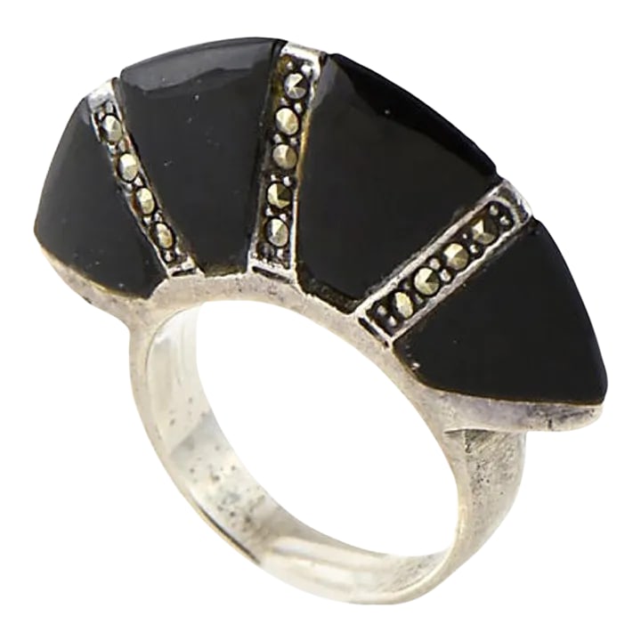 Modern Deco Style Onyx Marcasite Sterling Silver Ring size 4.5: Onyx dome ring with three stripes of marcasite set on a sterling silver band. US size 4.5. Marked: 925 HL. Age wear, tiny onyx chip on edge by band. Dimensions reference the ring size and are not spec