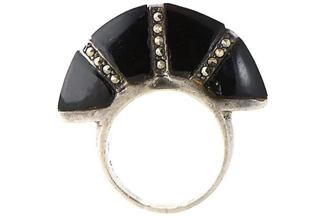 Modern Deco Style Onyx Marcasite Sterling Silver Ring size 4.5 - 2