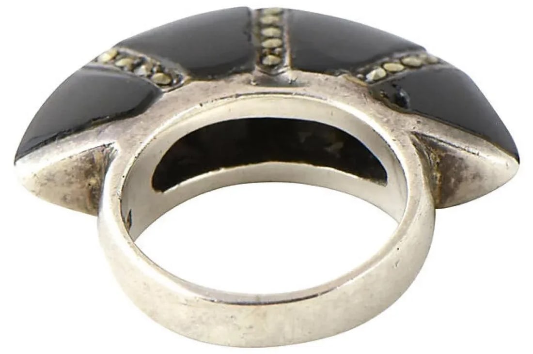Modern Deco Style Onyx Marcasite Sterling Silver Ring size 4.5 - 4