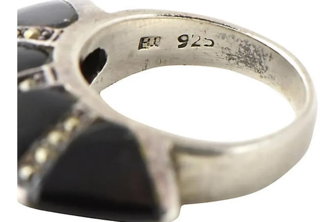 Modern Deco Style Onyx Marcasite Sterling Silver Ring size 4.5 - 5