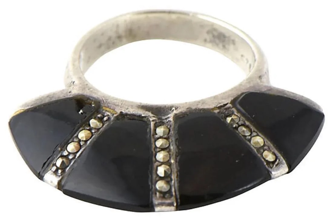 Modern Deco Style Onyx Marcasite Sterling Silver Ring size 4.5 - 6
