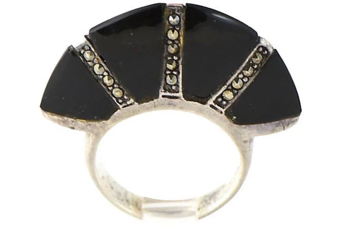Modern Deco Style Onyx Marcasite Sterling Silver Ring size 4.5 - 7