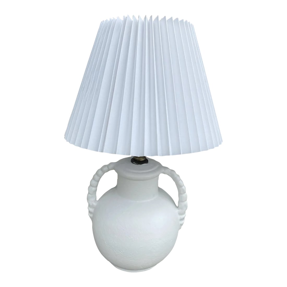Mid 20th Century Mini Ceramic Lamp With Pleated Shade: Mini lamps are all the craze! This vintage white ceramic lamp with handle details and a pleated shade is too cute. Shade: 10" dia x 7"H The source of this piece is unknown, but we curate from a