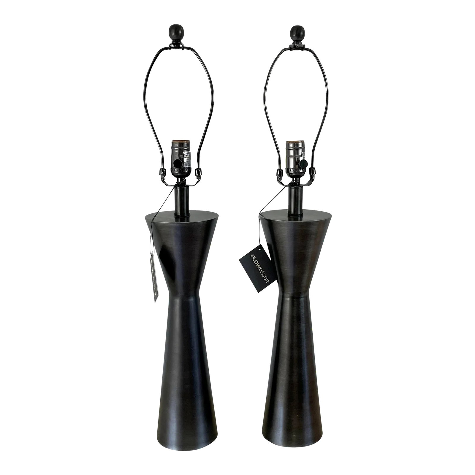 Pair of Contemporary Flow Decor 'Essex' Antiqued Black Table Lamps: This pair of contemporary lamps by Flow Decor have an elongated modern hourglass shape that will add subtle visual interest to any decor. They have an antiqued black matte finish that would be