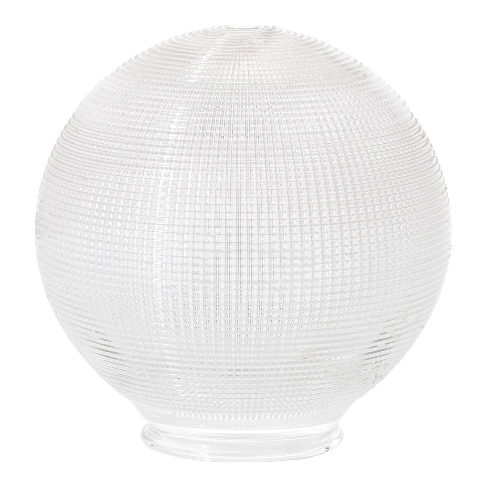 Vintage Mid 20th Century Cut Glass Holophane Style Globe Shade: Cross cut glass shade. 3.5" fitter. Made in the 20th Century. Condition: Alterations: Original Condition Unaltered Imperfections: Some Imperfections Condition Notes: A few small chips in the cross
