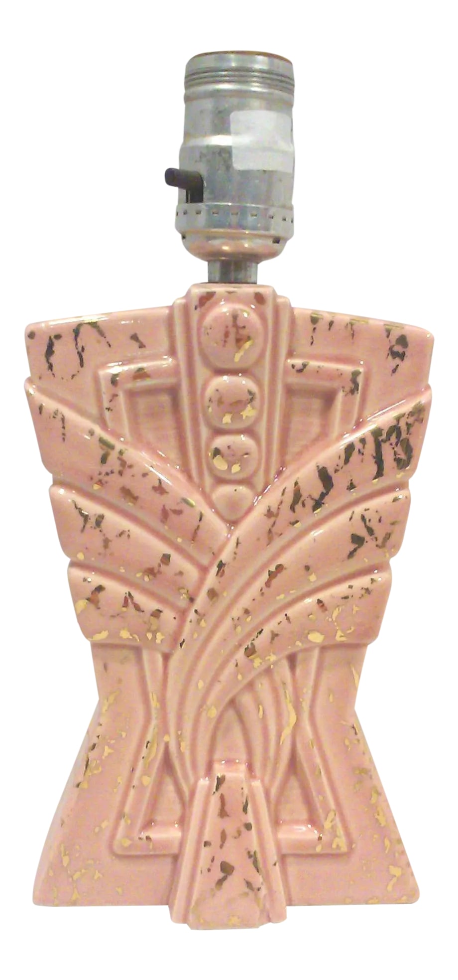 1950s Atomic Lamp Pink Gilt Ceramic Dresser Accent Lamp: An American made 1950's atomic style ceramic accent lamp in pink ceramic with an architectural stepped form. This Majestic style lamp is reminiscent of the Machine Age with its skyscraper style design