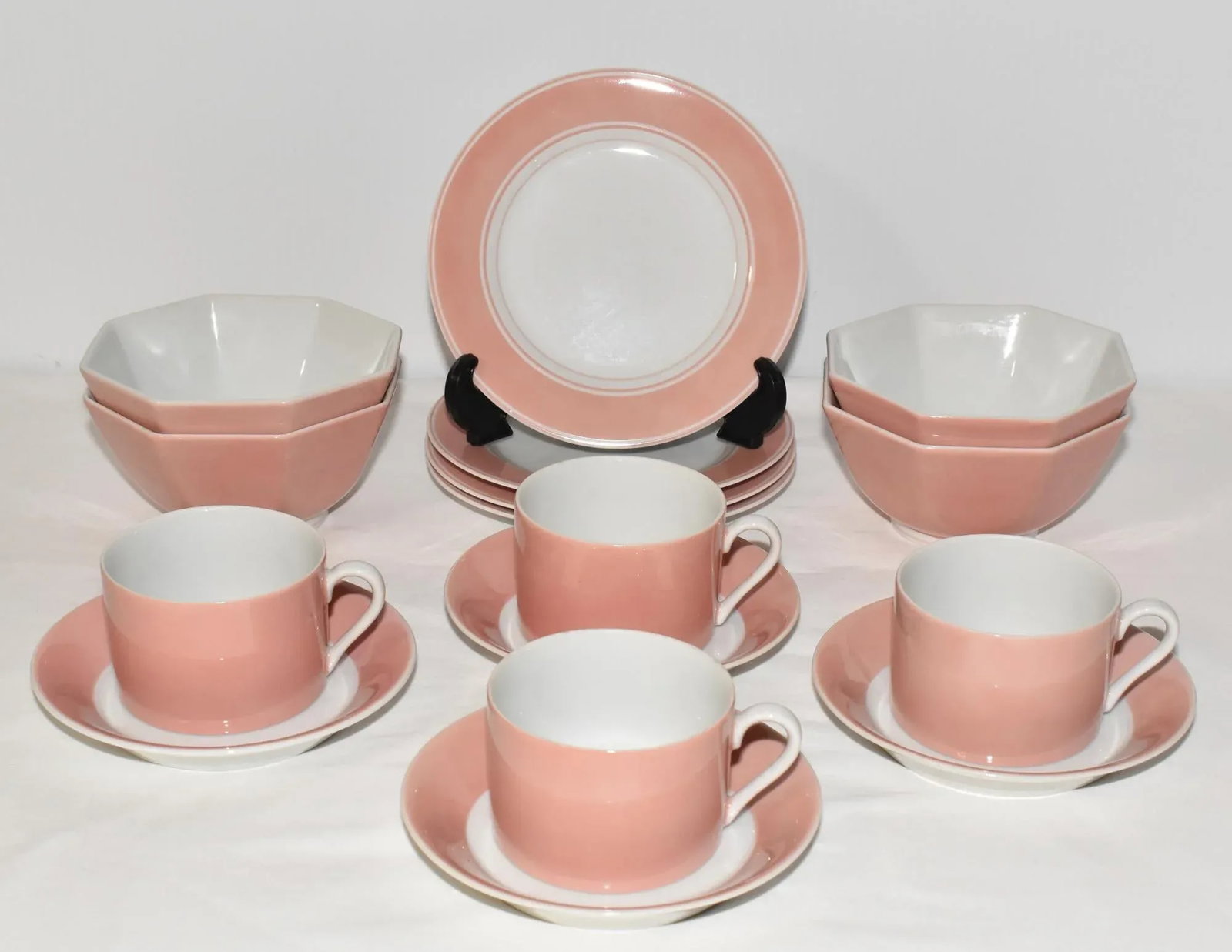 1970s Fitz & Floyd Mid Century Modern Pink Peach Rondelet Luncheon Set 16 Piece Plates Bowls Cups - 12