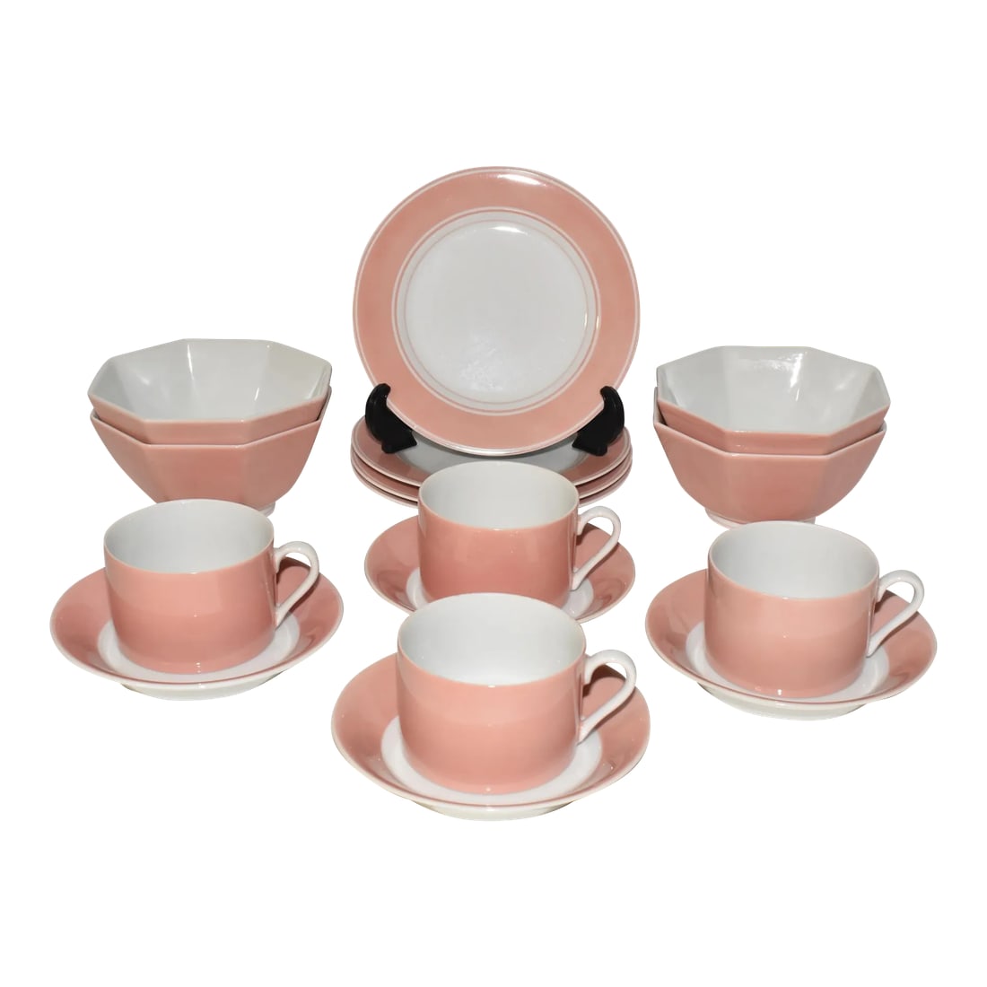 1970s Fitz & Floyd Mid Century Modern Pink Peach Rondelet Luncheon Set 16 Piece Plates Bowls Cups (1 of 12)