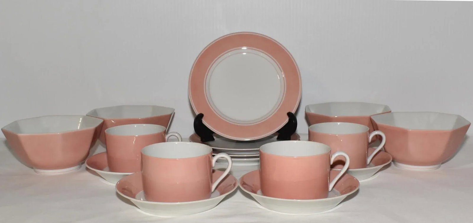 1970s Fitz & Floyd Mid Century Modern Pink Peach Rondelet Luncheon Set 16 Piece Plates Bowls Cups - 7