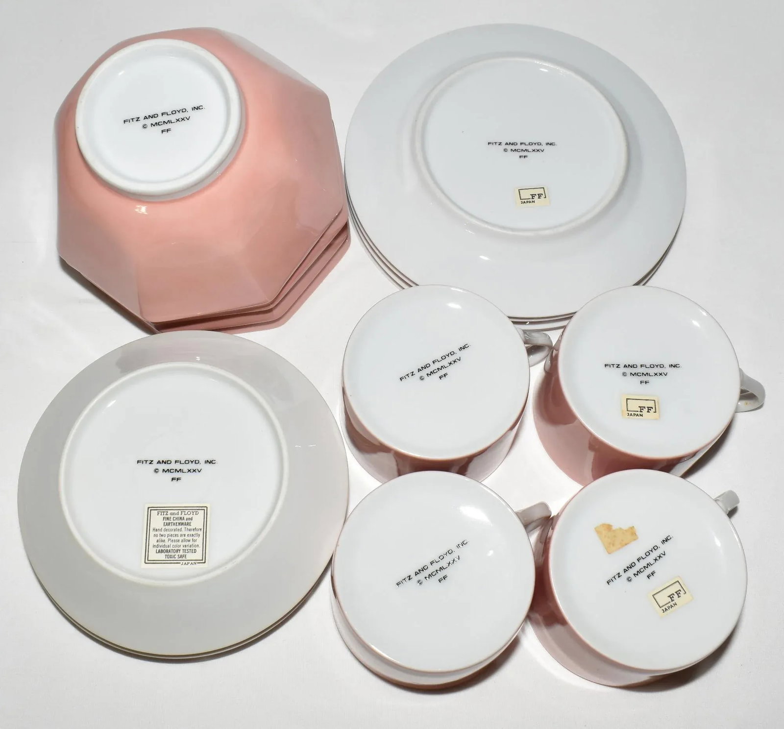 1970s Fitz & Floyd Mid Century Modern Pink Peach Rondelet Luncheon Set 16 Piece Plates Bowls Cups - 8