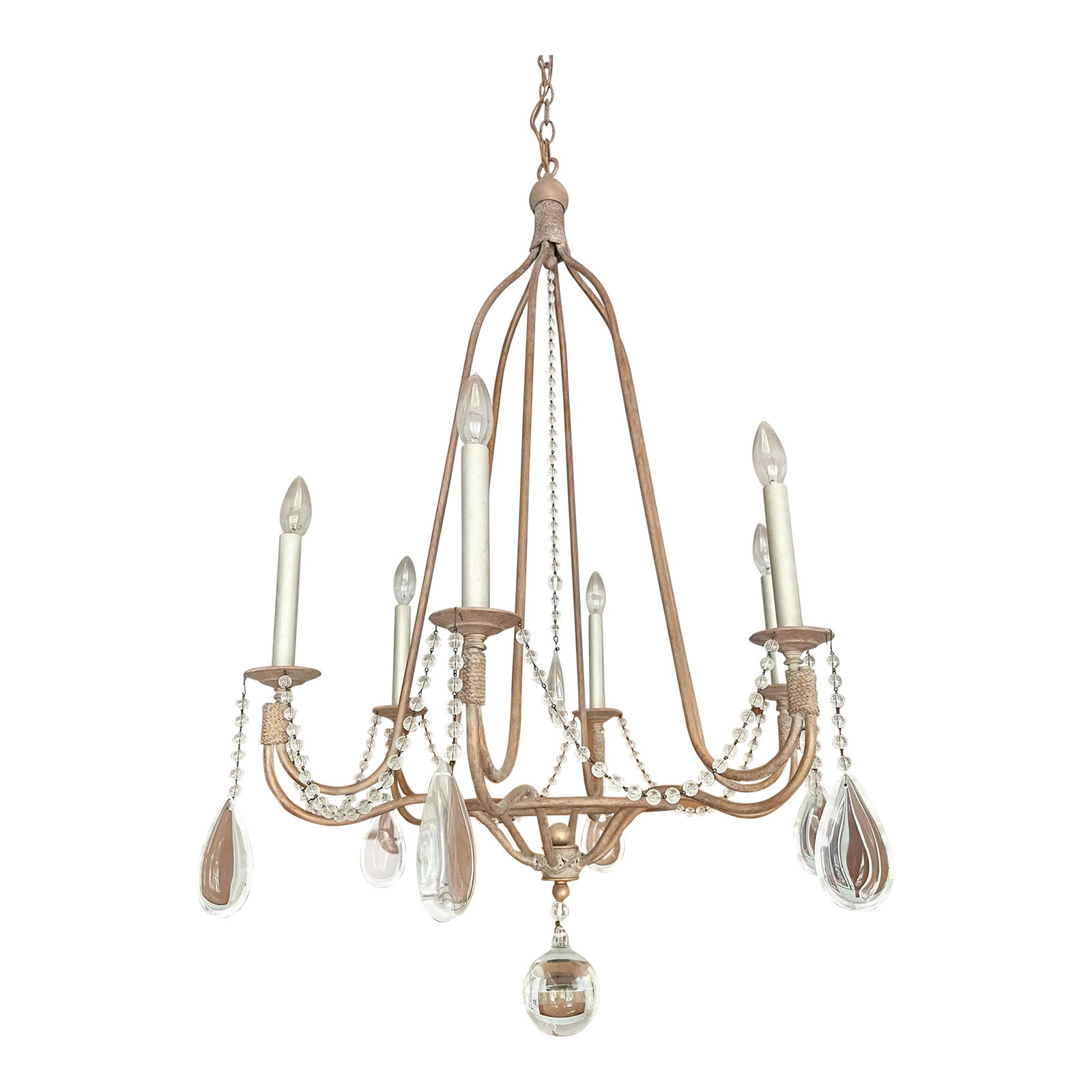2000s Hart Associates Birdcage Crystal Chandelier: HARTS ASSOCIATES Birdcage Chandelier. Beautiful details of Crystals teardrops 6 each one measuring 4.5" x2.5". One center tear drop measuring slightly smaller and crystal hanging ball. Antique finish 
