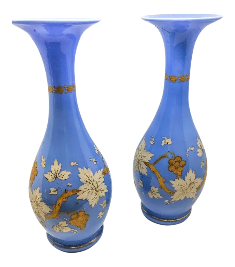Vintage Blue Floral Detail Vases - A Pair: Vintage blue vases with cream floral detail Condition: Alterations: Original Condition Unaltered Imperfections: Some Imperfections Condition Notes: Excellent - Minor wear consistent with age and