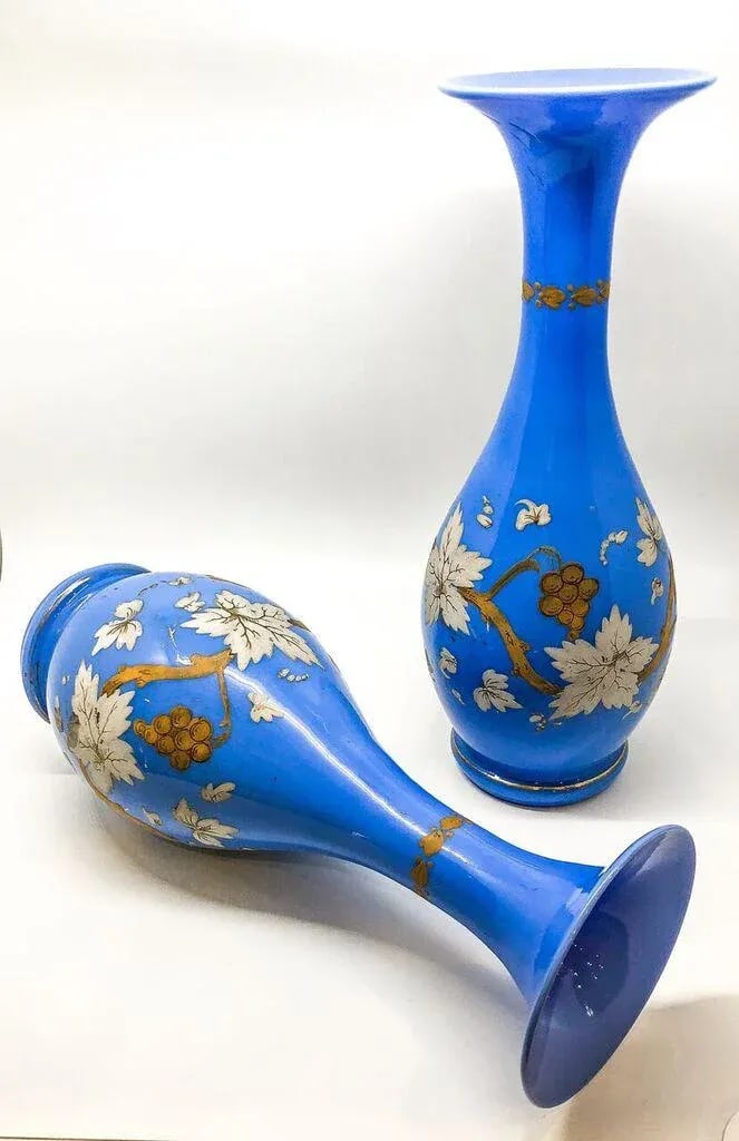 Vintage Blue Floral Detail Vases - A Pair - 2