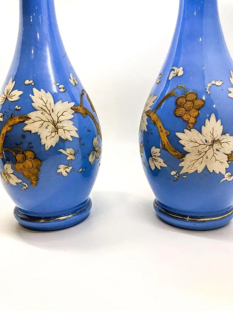 Vintage Blue Floral Detail Vases - A Pair - 3