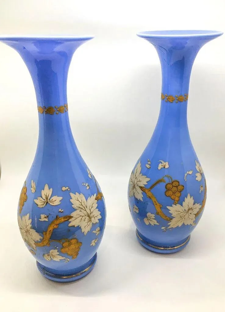 Vintage Blue Floral Detail Vases - A Pair - 5