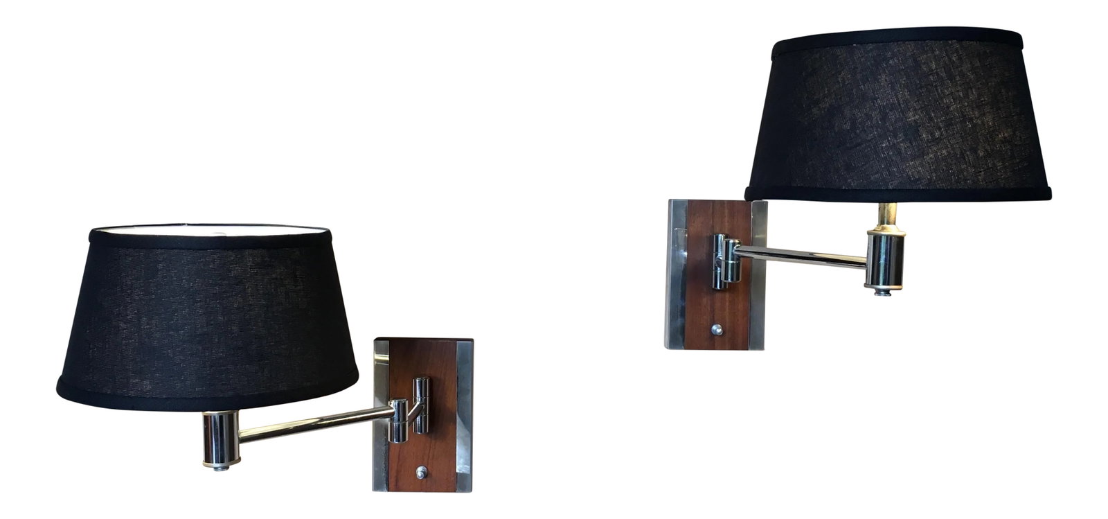 Mid-Century Modern Walnut and Chrome Articulated Sconces - a Pair: 20th century sconces with solid walnut base and chrome arm and side accents and black linen shades Condition: Alterations: Restored Imperfections: Some Imperfections Condition Notes: Wear is