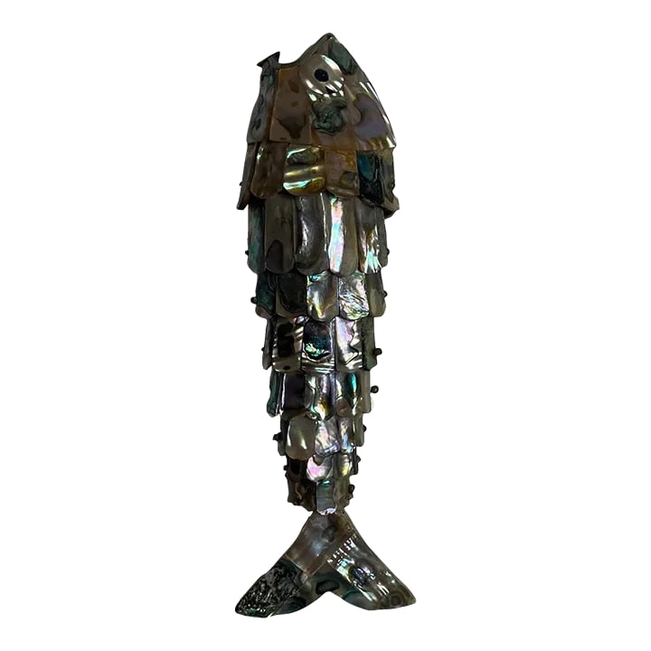 1960s Mid-Century Modern Abalone Fish Bottle Opener: A large articulated abalone and metal fish bottle opener made in Mexico mid-century modern eight inch long no missing scales great addition to a bar or stood up on its tail as an art object