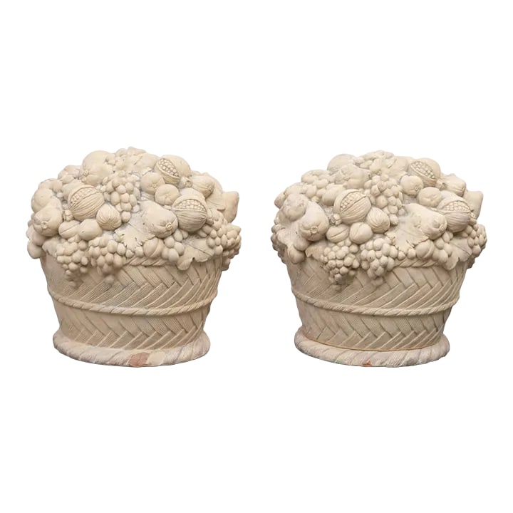 Pair of Mid 20th Century Large Terra Cotta Fruit Basket Sculptures: Pair of large french terra cotta fruit baskets. Beautifully detailed with soft patina Condition: Alterations: Original Condition Unaltered Imperfections: Some Imperfections Condition Notes: Some