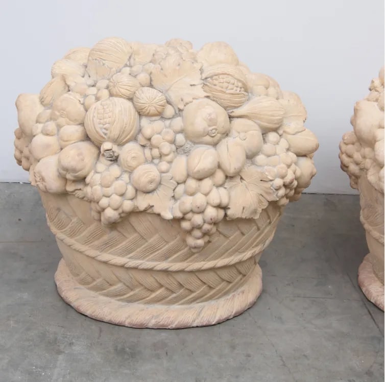 Pair of Mid 20th Century Large Terra Cotta Fruit Basket Sculptures - 2