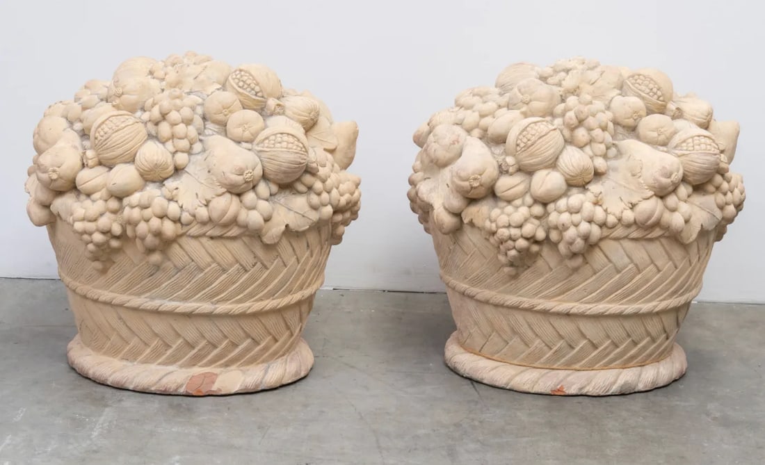 Pair of Mid 20th Century Large Terra Cotta Fruit Basket Sculptures - 3