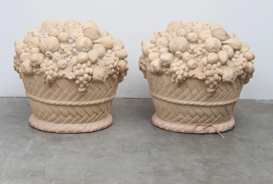 Pair of Mid 20th Century Large Terra Cotta Fruit Basket Sculptures - 4