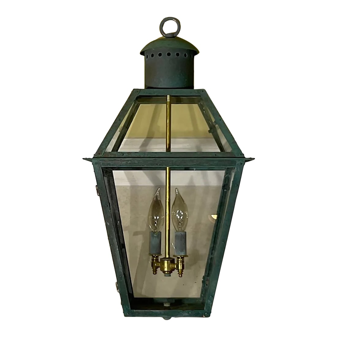 Vintage Four-Sides Hanging Copper Lantern: Vintage Quality handmade solid copper lantern with three 60/watt lights. Electrified and ready to light. Beautiful oxidization patina. Could be used in wet location and indoor. Chain and canopy includ