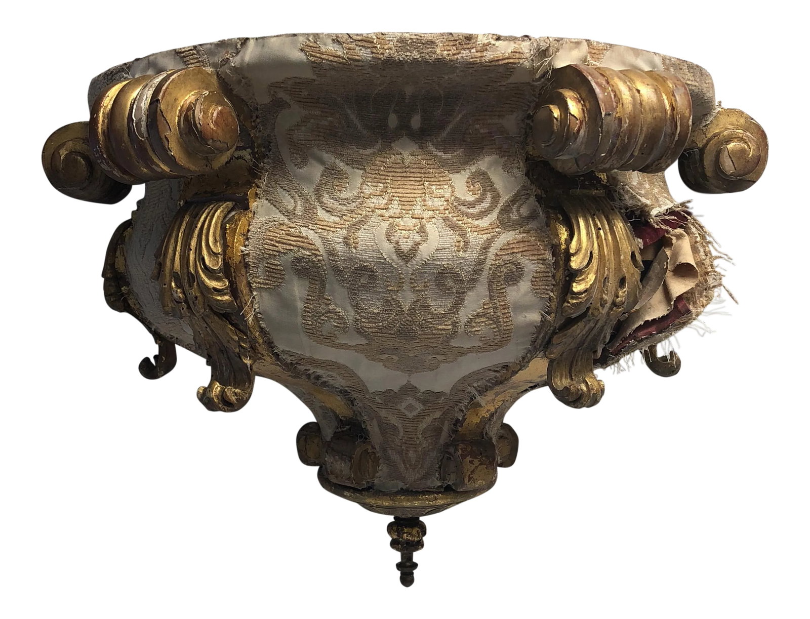 Late 18th Century Hollywood Regency Cream Wood Canopy: Antique French circa 1875-1900 gilded wall hung bed canopy. Piece of fabric has been pulled back to show the structure beneath. As shown, this piece is used as a wall bracket. To be used as