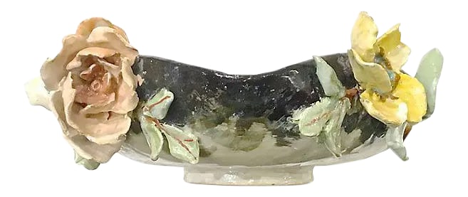 Antique French Barbotine Majolica Floral Bowl: Antique; 19th century, French, Barbotine, majolica, floral bowl with high-relief flowers on the exterior. Hand-painted on a mottled background. Organic undulating edges. No maker's mark. Condition: