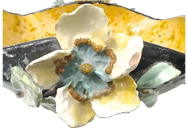 Antique French Barbotine Majolica Floral Bowl - 7