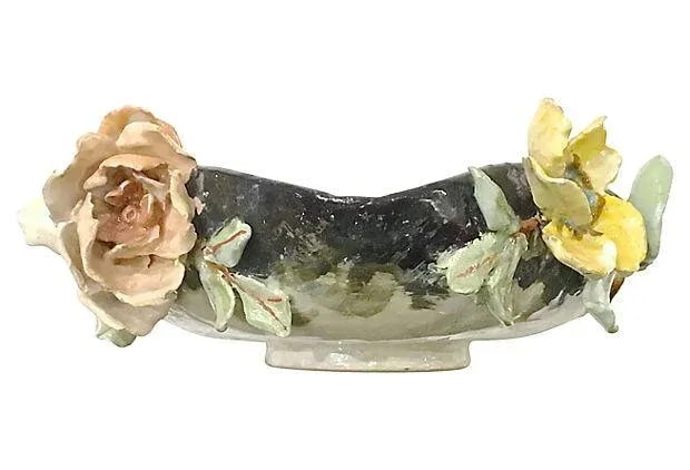 Antique French Barbotine Majolica Floral Bowl - 9