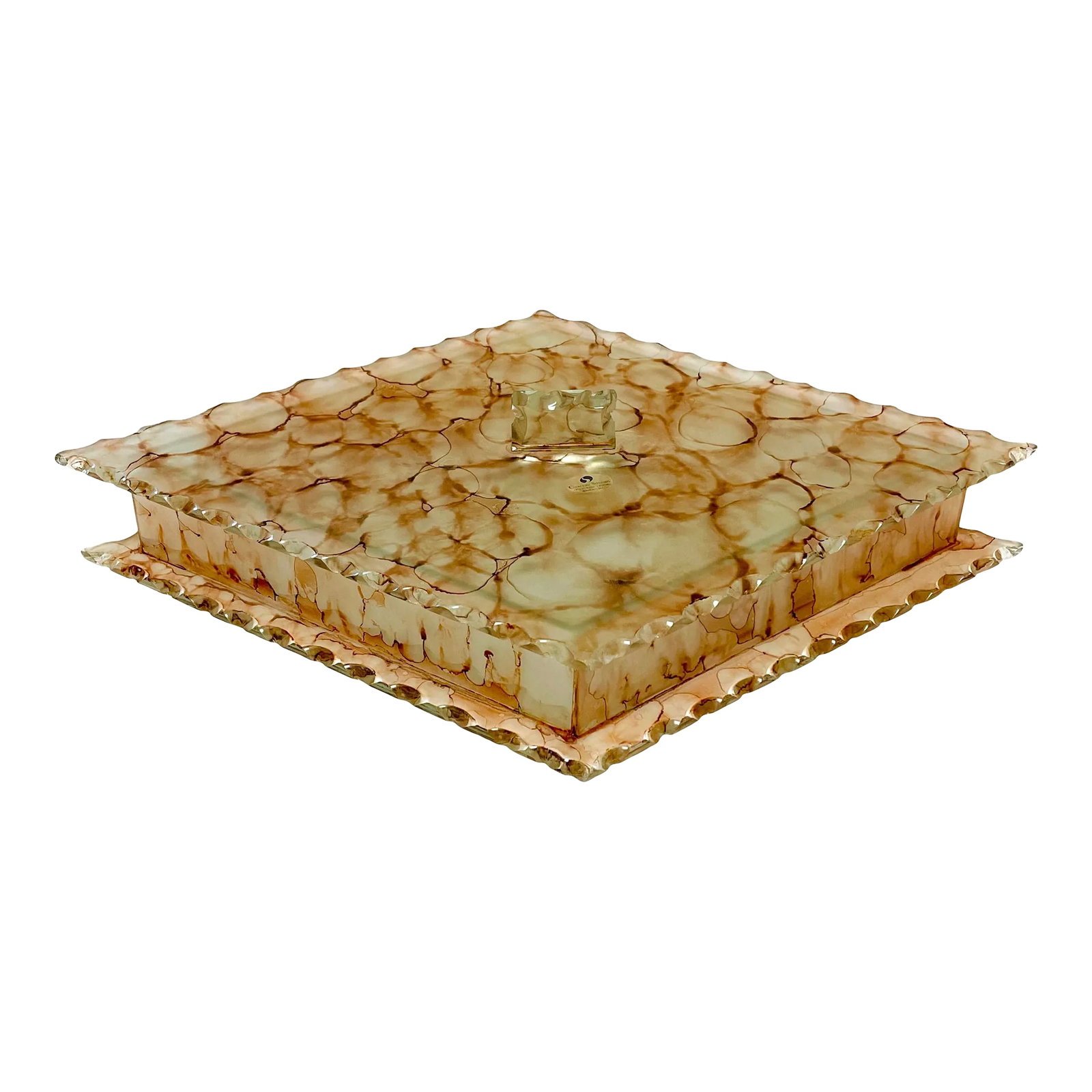 1980s Vintage Creazioni Silvestri Murano All Glass Covered Box: This vintage Murano Italian glass diamond shaped large covered box measures 19" wide. Box bears original label Creazioni Silvestri Arte Murano Crystal Made in Italy. Condition: Alterations: Original