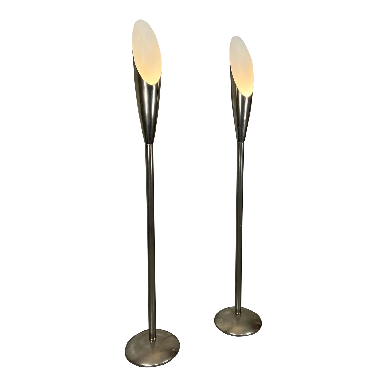 Modernist Aluminum Torchere Floor Lamps: Pair of tall modernist aluminum torchere floor lamps. Condition: Alterations: Original Condition Unaltered Imperfections: Some Imperfections Condition Notes: Wear consistent with age and use. Minor sc