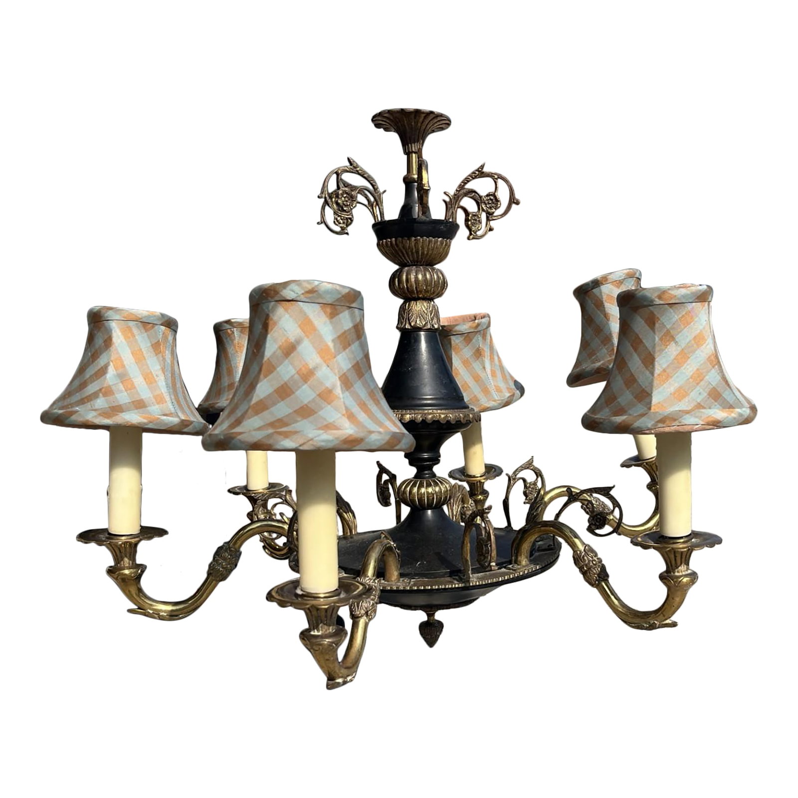 French Empire Style Tole and Brass Chandelier, Early 20th Century, With Silk Custom Shades: French Empire style black tole and brass chandelier, circa 1920's. With 6 custom shades in checked silk lined in light beige. The silk shades allow light to filter through the fabric imparting a warm 