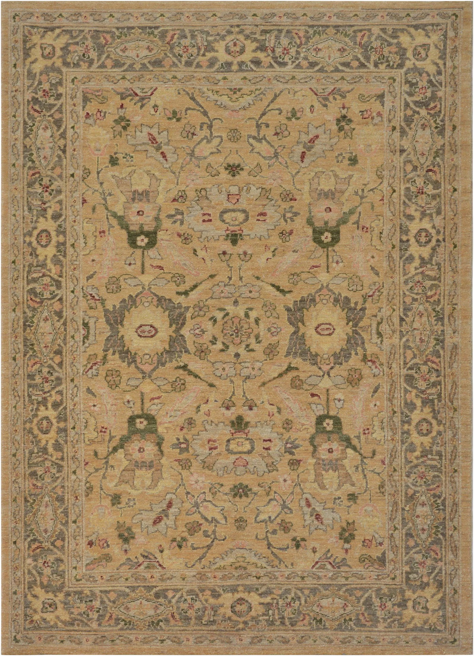Mansour Handmade Agra Rug: Genuine handwoven Agra from Pakistan with subtle colors.This highly sought-after beautiful rug is made of 100% natural hand-spun wool and organic dyes. Condition: Alterations: Original Condition