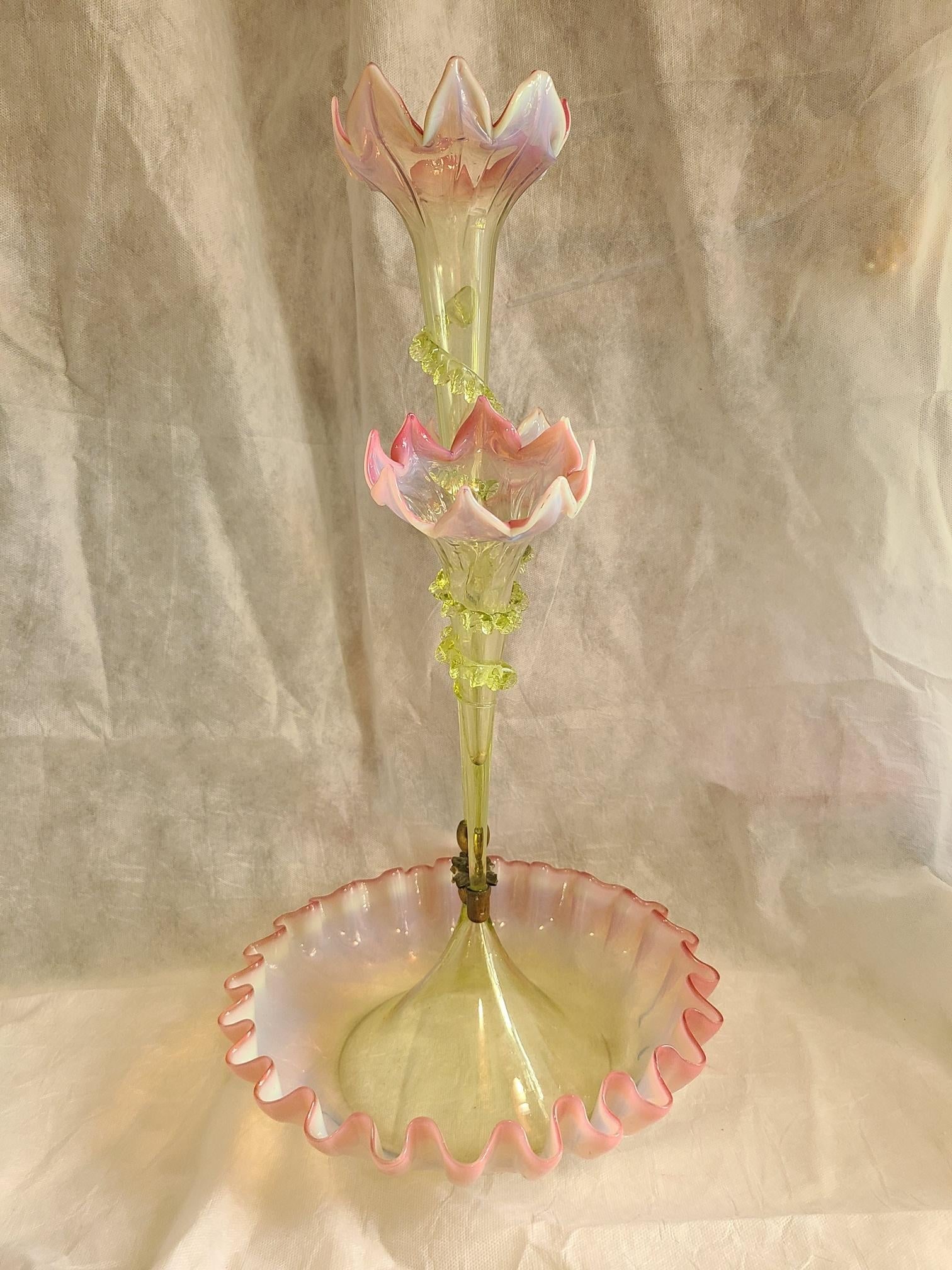 Antique Art Nouveau Opalescent Vaseline Glass Epergne, Circa 1880's - 2