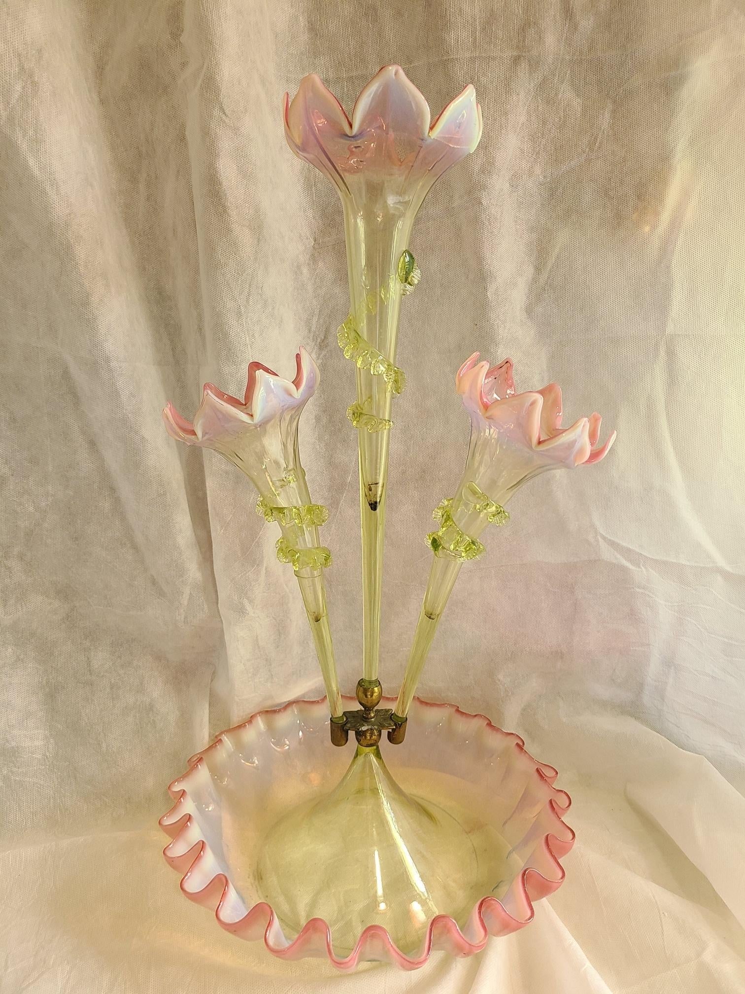 Antique Art Nouveau Opalescent Vaseline Glass Epergne, Circa 1880's - 9