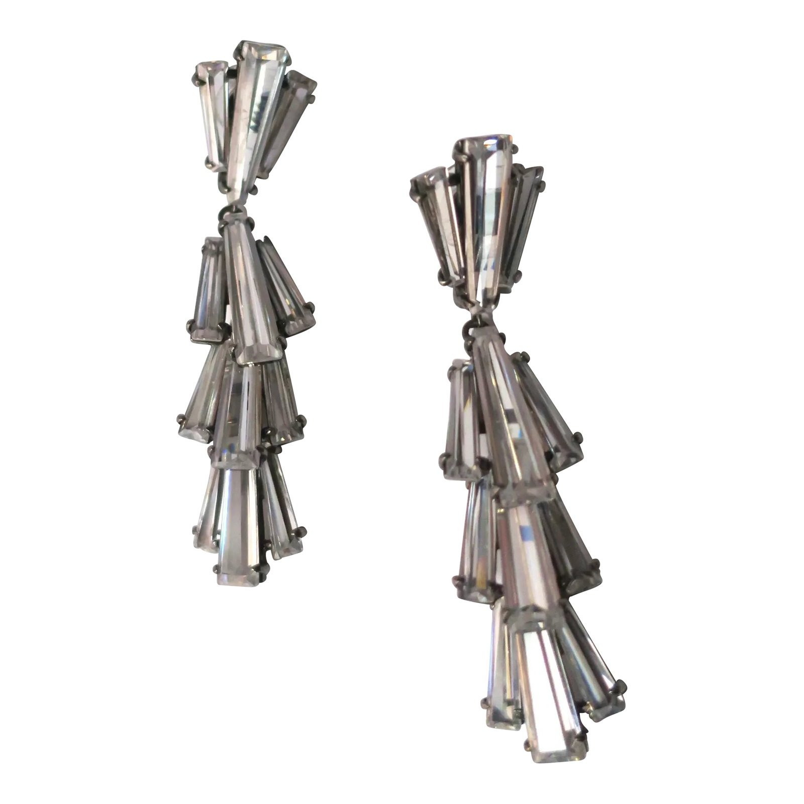Diamond-Esque Crystal Dangle Earrings Art Deco Style, Pair: A gorgeous pair of diamond-like crystal dangle earrings by Jarin. Beautiful baguette cut crystals set in rhodium plate over sterling silver, circa early-21st century. With makers' mark 'JARIN' on