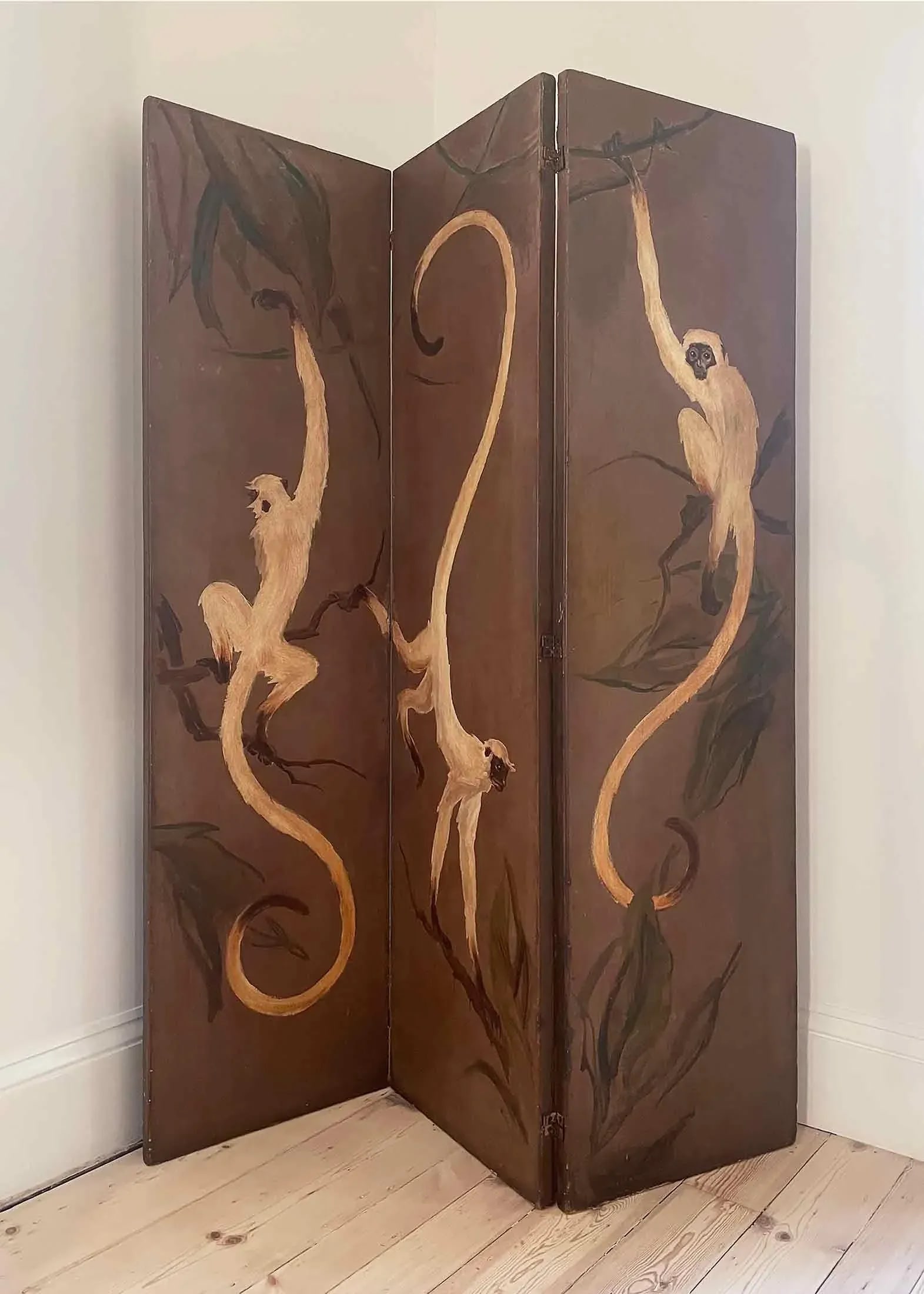 Folding Screen Large Antique Wooden Hand Painted - 10