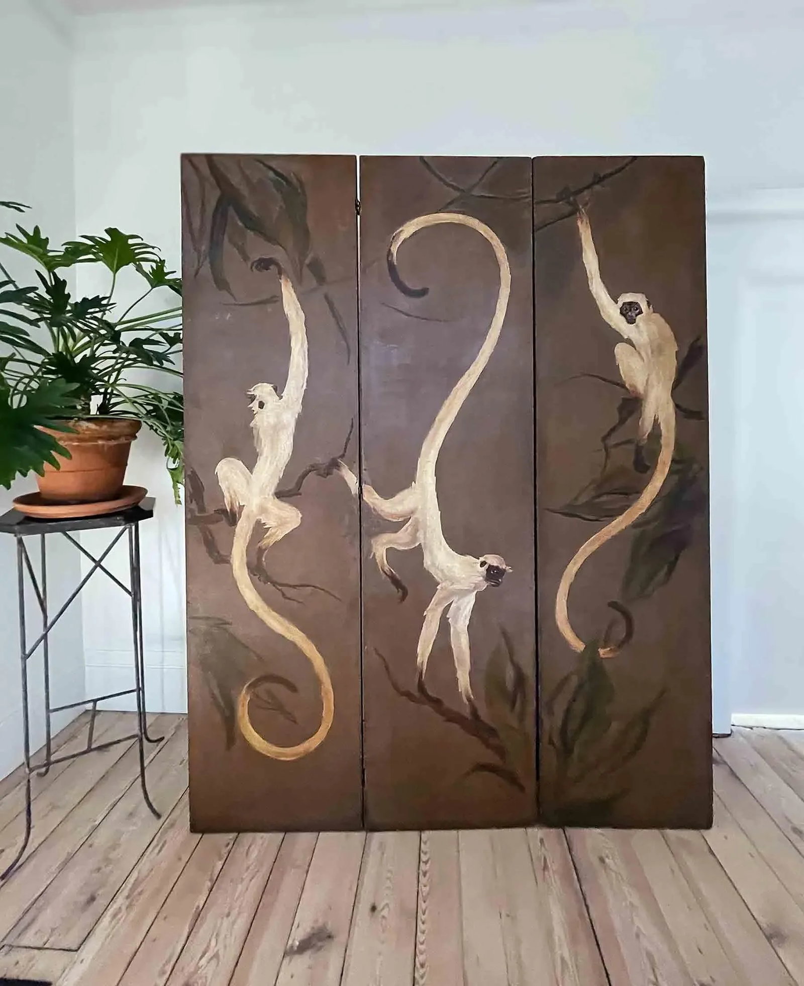 Folding Screen Large Antique Wooden Hand Painted - 4